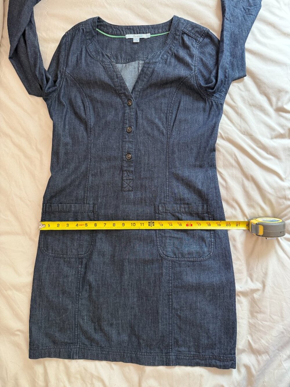Boden Dark Wash Denim Shift Dress | Long Sleeve Button Placket | Size 8 - Picture 9 of 13